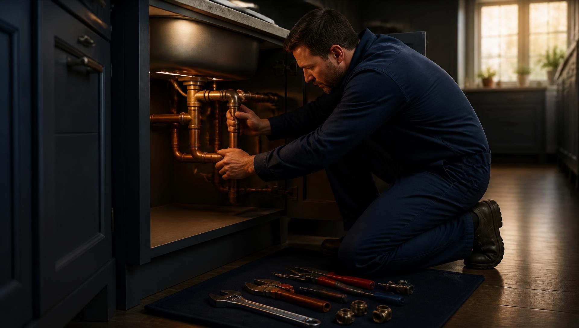 Licensed plumber repairing copper supply lines beneath a residential kitchen sink