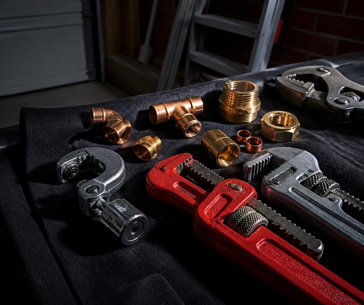 Professional plumbing tools and brass fittings laid out on a work mat
